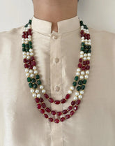Semi Precious Triple Layered Multi Color Beaded Necklace For Grooms Sherwani - Gemstone Beaded Jewelry